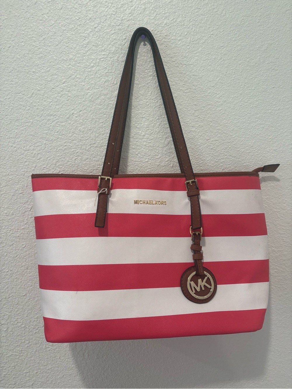 Michael Kors pink and White Striped Tote with Brown Leather Accents - Picture 1 of 12